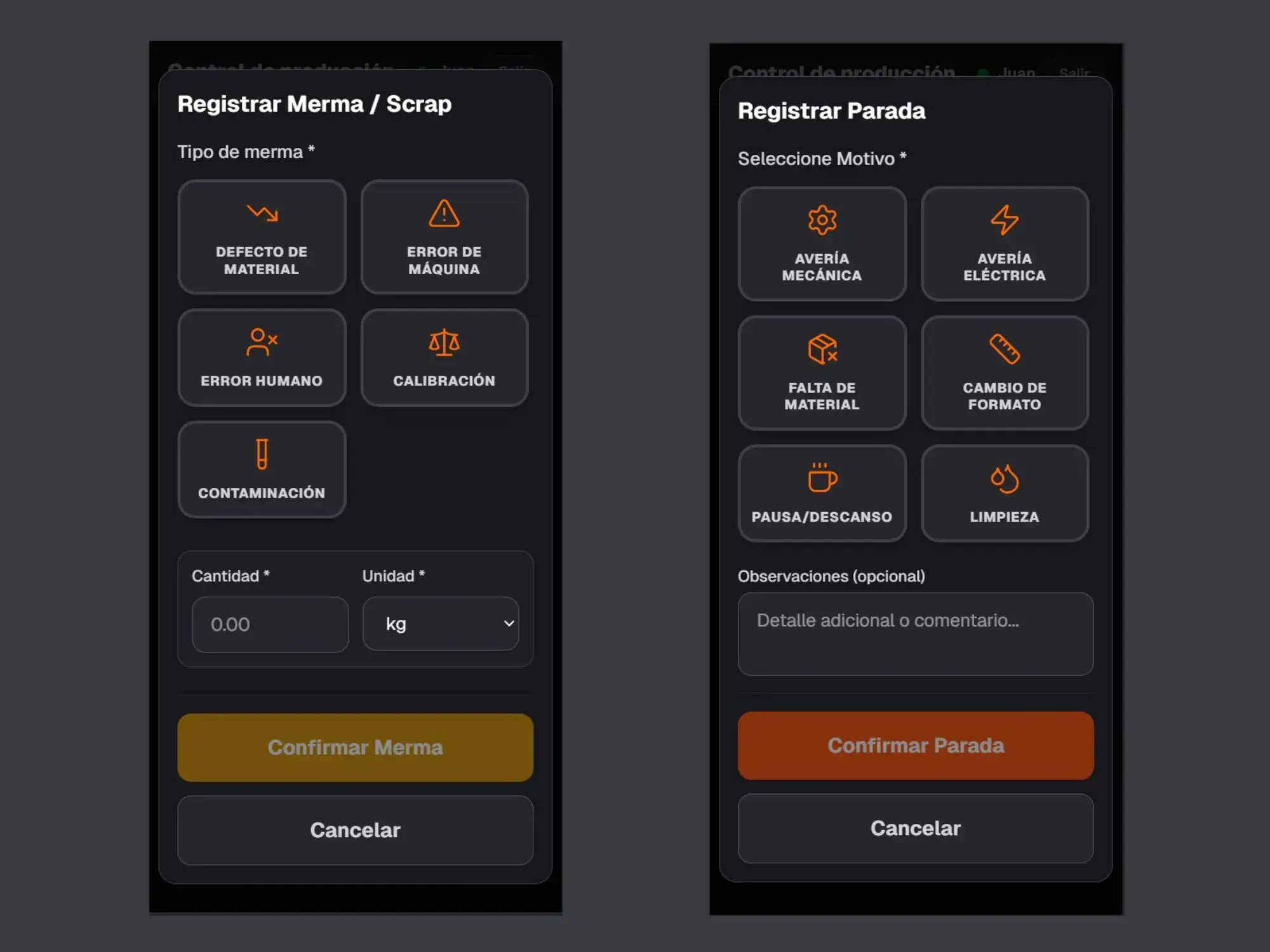 Interfaz de operario — registro de paradas