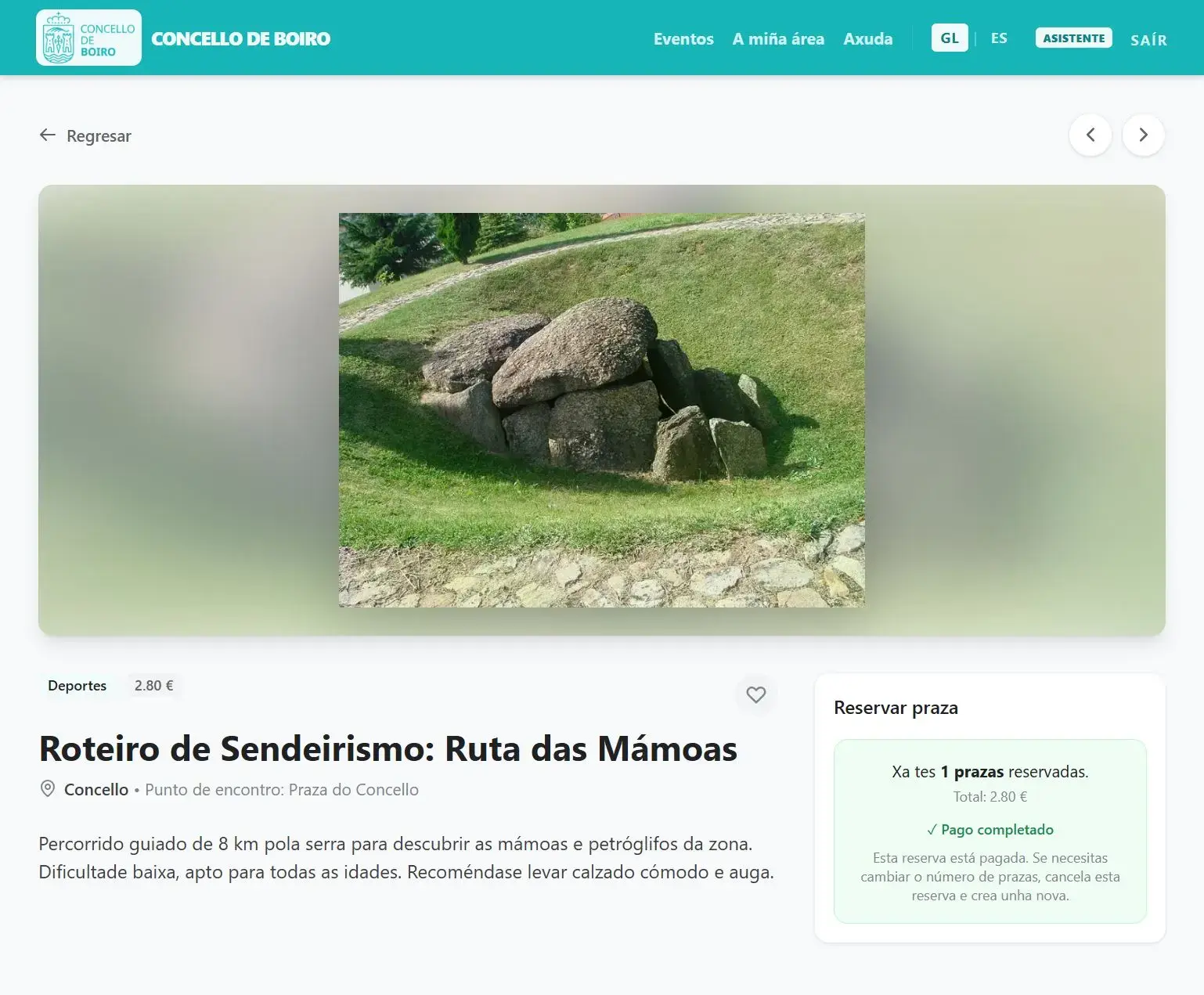 Detalle de evento con sesiones y reservas