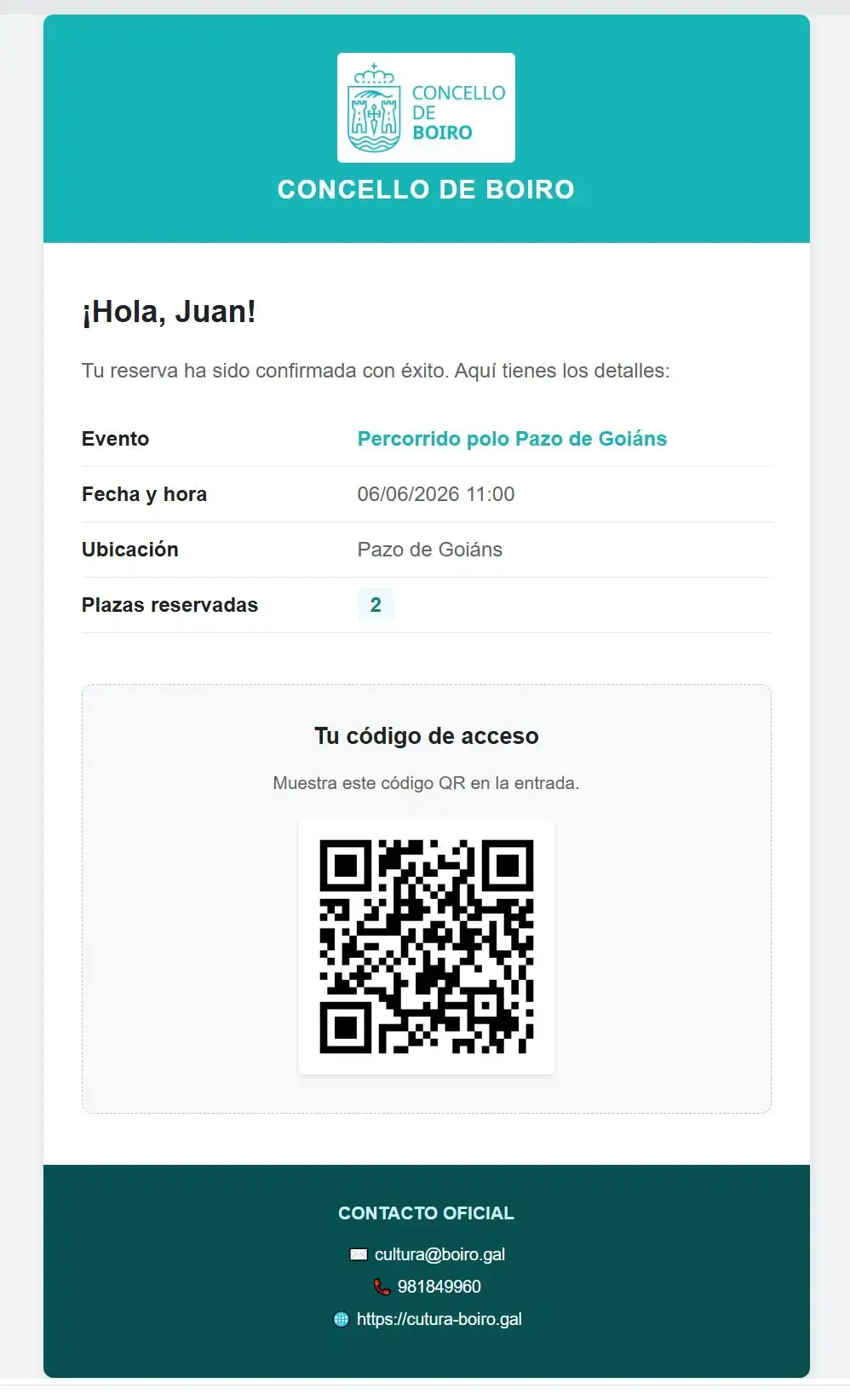 Email automático de confirmación con QR
